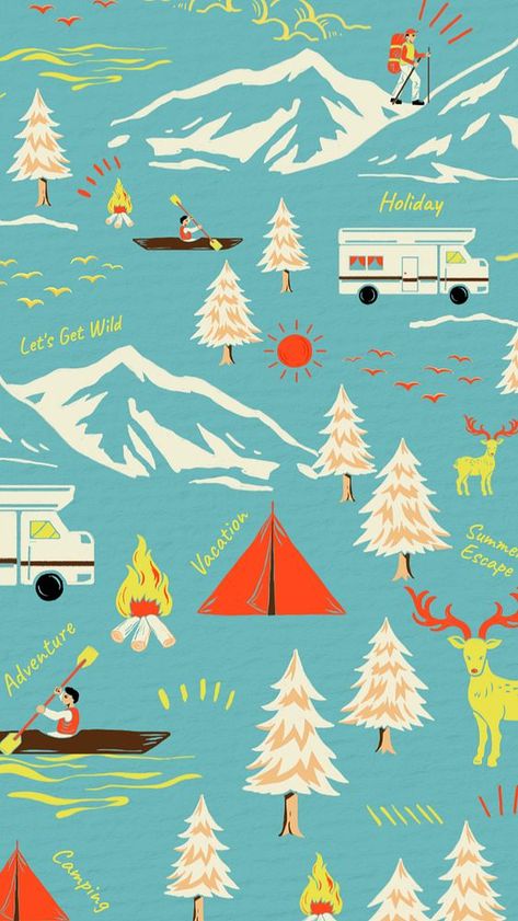 Camping travel pattern iPhone wallpaper, retro illustration | premium image by rawpixel.com / ton Retro Camping Illustration, Camping Aesthetic Wallpaper, Iphone Wallpaper Cartoon, Iphone Wallpaper Retro, Pattern Iphone Wallpaper, Camping Wallpaper, Travel Pattern, Mobile Wallpaper Iphone, Wallpaper Cartoon