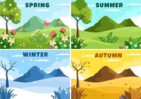 Nature, 4 Seasons Wallpaper, Summer And Winter Drawing, 4 Seasons Landscape, Spring Summer Autumn Winter Art, 4 Season Illustration, Summer Season Cartoon, Winter Season Drawing, Seasons Clipart