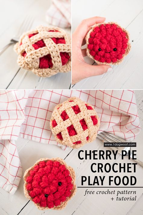 Learn how to crochet an amigurumi cherry pie for play food! This is the cutest little pie you've ever seen. With a video tutorial to learn the bobble stitch and a photo tutorial to explain the pattern, even beginners can make this adorable, yummy treat. #onedogwoof #freecrochetpattern #amigurumipie #amigurumipattern Crocheted Play Food, Crochet Play Food Free Pattern, Crochet Food Free Patterns, Crochet For Dogs, Pie Crochet, Food Amigurumi, Crochet Play Food, Crochet Hat For Beginners, Food Patterns