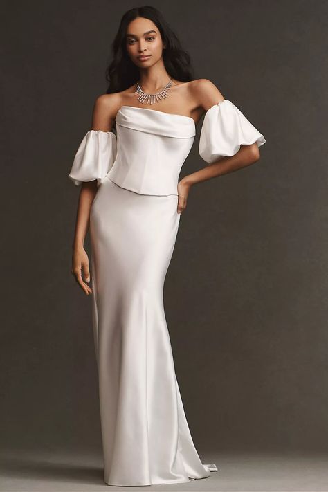 Watters Carly Strapless Satin Corset Top With Removable Sleeves | Anthropologie Anthropologie Bridal, Satin Corset Top, Georgia Dress, By Watters, Satin Maxi Skirt, Two Piece Wedding Dress, Bridal Skirts, Anthropologie Wedding, Satin Corset