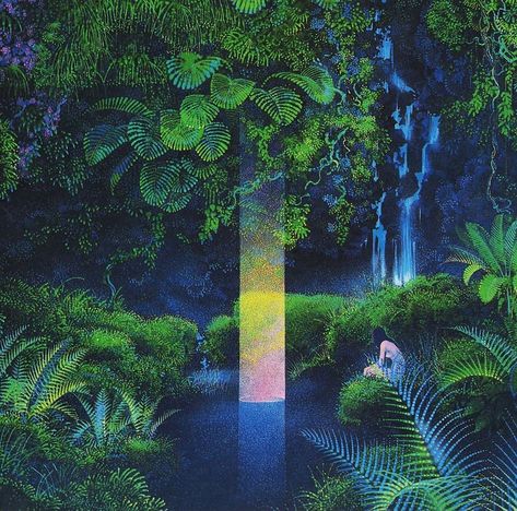 retro and sci-fi art on Instagram: “1982 painting by Japanese illustrator Hiroo Isono (1945-2013). Shown in the majority of his work, you will notice that Hiroo had an…” Painting Plants, Drawing Trees, Plant Landscape, Japanese Nature, Japanese Landscape, Landscape Illustration, Nature Themed, Ethereal Art, Arte Pop