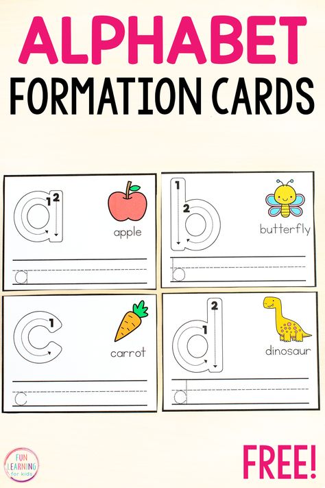 Free alphabet letter formation cards for learning to write letters. An engaging handwriting activity for kids. Letter Formation Cards, Letter Formation Activities, Handwriting Activities, Printable Alphabet Letters, Write Letters, Free Printable Activities, Alphabet Writing, Alphabet Activities Preschool, Teaching Letters