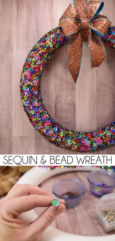 While a bit time consuming, this bead and sequin wreath is easy to make and absolutely stunning! Sequin Wreath Diy, Crafts With Sequins, Sequin Diy Crafts, Crafts Wreaths & Garlands, Diy Sequin Ornaments, New Years Wreath Diy, Sequin Christmas Ornaments Diy, Sequin Crafts Ideas, Bead Wreath Ideas