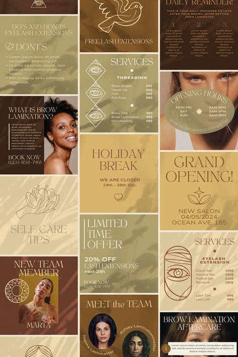 Our template features earth tone colors that exude a warm, welcoming vibe 🍁. Elegant fonts add a touch of sophistication. These elements come together to create a design that is not only visually appealing but also aligns with the aesthetics of your studio. Elegant Fonts, Lash Studio, Feed Insta, Earth Tone Colors, Media Campaign, Brow Bar, Elegant Font, Social Media Templates, Look After Yourself