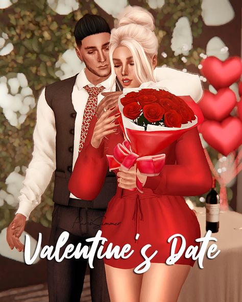 Instructions : - You need the bouquet and valentine’s gift by @greencccreator /  fork  by @storybooksimblr - Place 2 teleporters in the middle of a 1x1 round table / I used this table from “Pour... Date Couple, Sims Love, Sims Poses, Ts4 Poses, 4 Poses, Eva Dress, Body Outfit, Best Sims, Romantic Outfit