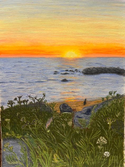 This artwork was made with oil pastel. It was a bit cool and wind evening in a small place in Portugal, Vila do Conde. I wanted to express this peaceful moment and an amazing sunset on the ocean. Bonito, Nature, Sunrise Over Ocean Painting, Oil Pastel Beach Sunset, How To Color A Sunset With Color Pencils, Sunset At The Beach Drawing, Sunset Painting Oil Paint, Beach Sunset Drawing Colored Pencil, Ocean And Sunset Painting