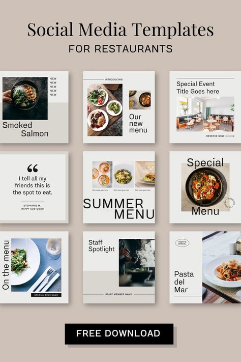 Image of a grid of Canva social media templates for restaurants. Shopping Social Media Design, Restaurant Posts Social Media, Social Media Design Restaurant, Restaurant Social Media Post Ideas, Restaurant Instagram Feed, Restaurant Social Media Design, Restaurant Social Media Ideas, Social Media Restaurant, Club Social Media