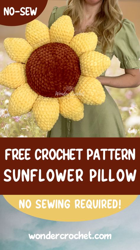 Crocheted Sunflower Pillow, Crochet Amigurumi Sunflower Pattern Free, Crochet Sunflower Pillow Cover, Sunflower Pillow Crochet Free Pattern, Sunflower Crochet Cushion, Easy Crochet Gifts For Grandma, Crochet Pillow Sunflower, Crochet Sunflower Gift Ideas, Sunflower Cushion Crochet