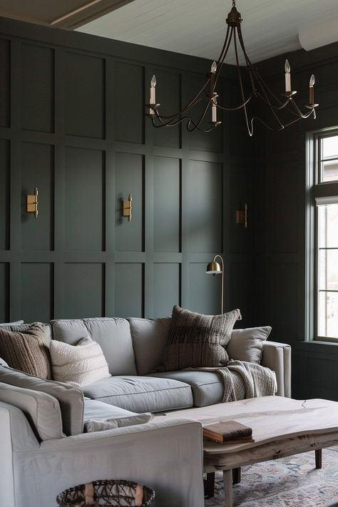 Insanely Cozy Moody Living Room Ideas to Copy Right Now Moody Den Ideas, Dark Masculine Living Room, Moody Aesthetic Home, Moody Living Room Paint Colors, Moody Transitional Living Room, Moody Game Room, Moody House Interiors, Moody Family Room, Dark Transitional