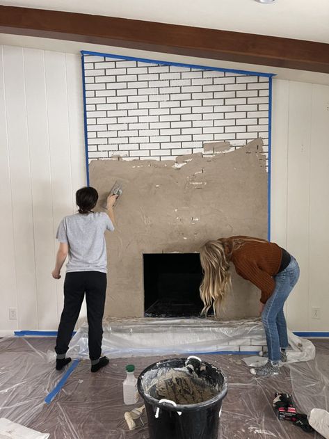 Redoing Brick Fireplace, Brick Fireplace To Stone, Cement Smear Fireplace, Brick And Cement Fireplace, Modernizing Brick Fireplace, Brick To Concrete Fireplace, Fireplace Makeover Plaster, Adobe Fireplace Makeover, Diy Gas Fireplace Insert