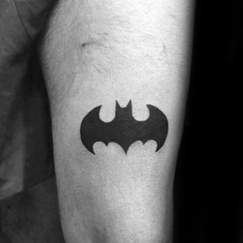 Solid Black Ink Simple Batman Symbol Mens Thigh Tattoos Batman Logo Tattoo, Batman Symbol Tattoos, Bats Tattoo Design, Logo Tattoo, Abstract Tattoo Designs, Bat Symbol, Batman Tattoo, Symbol Tattoo, Batman Symbol