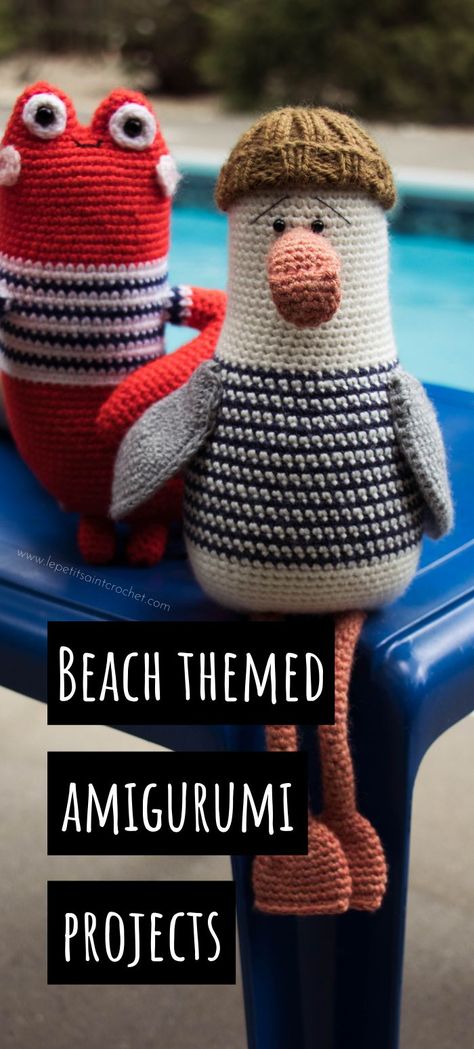 Crocheted amigurumi seagull and lobster by the pool Amigurumi Patterns, Free Crochet Lobster Pattern, Popular Amigurumi Patterns, Crochet Beach Amigurumi, Lobster Crochet Pattern Free, Seagull Amigurumi Free Pattern, Crochet Beach Ideas, Sea Animals Crochet Pattern Free, Crochet Nautical Patterns