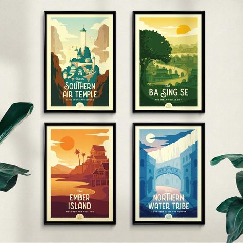 Embark on a journey from the peaceful Southern Air Temple, across the grand Earth Kingdom, through the depths of the Fire Nation, to the stronghold of the Northern Water Tribe. This wall art is perfect for those who are looking to decorate their home, office, classroom, or nursery, and also makes a great gift for birthdays, house warming, and other holidays! Each poster is also available to purchase separately: Water Tribe Ba Sing Se Ember Island Air Temple ITEM DETAILS Professionally printed on Southern Air Temple, Northern Water Tribe, Air Temple, The Fire Nation, Earth Kingdom, Retro Art Prints, Retro Kunst, Water Tribe, Retro Travel Poster