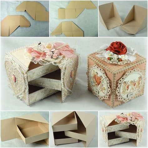 diy-secret-jewelry-box-from-cardboard-1 Amigurumi Patterns, Patchwork, Cartonnage, Diy Necklace Box, Diy Jewelry Box Ideas, Diy Jewellery Box Cardboard, Diy Jewelry Gift Box, Jewelry Box Ideas, Box Craft Ideas