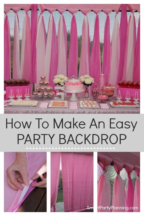 The easiest DIY party backdrop. This is a cheap and easy backdrop that can be prepared for an outdoor or indoor party.  Made using budget plastic tablecloths, it can be prepared the day before the party saving you time on the day. Style with colors according to the birthday party theme and it will look amazing every single time. #Partybackdrop #Photobooth #Plastictablecloths #Easy #Simple #DIY #Party #Birthday via @https://au.pinterest.com/smartpartyplan/ Diy Park Party Decorations, Sweet Sixteen Diy Decorations, Natal, Diy Birthday Party Backdrop Ideas, Diy Princess Backdrop Ideas, Outside Birthday Decor, Simple Streamer Decorations, Simple Party Backdrop Diy, Decorate Park Pavilion Birthday
