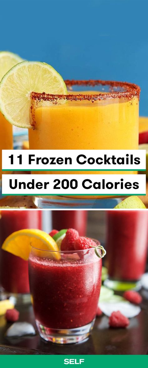 When warmer weather rolls around, frozen cocktails are the best. The thing is, piña coladas, margaritas, and most other frozen drinks kind of double as dessert. So, having some lower-alcohol, lower-sugar cocktail recipes can be really handy. These 11 recipes include all the classic frozen cocktails you'll crave during the summer, but none of them are over 200 calories per suggested serving size. #frozencocktails #summerdrinks #lowsugarcocktails Low Carb Frozen Cocktails, Blendjet Cocktail Recipe, Best Frozen Cocktails, Summer Frozen Drinks Alcohol, Frozen Cocktails Recipes, Frozen Daquiri Recipe, Blended Drinks Alcohol, Frozen Alcoholic Drinks, Vodka Drinks Low Calorie