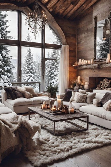 COZY 🏡 | Facebook Own A Home Vision Board, Lodge Cabin Interior, Log Cabin Aesthetic Living Room, Cabin In The Winter, Cozy Chalet Interior, Cozy Winter Interior, Cozy Cottage Guest Bedroom, Cabin Lodge Decor Ideas, Rustic Mountain Cabin Decor