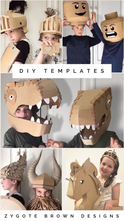 Downloadable DIY templates to make costumes out of cardboard Mainan Diy, Cardboard Costume, Paper Masks, Carton Diy, Boys Diy, Kraf Kertas, Diy Templates, Cardboard Art, Diy Cardboard