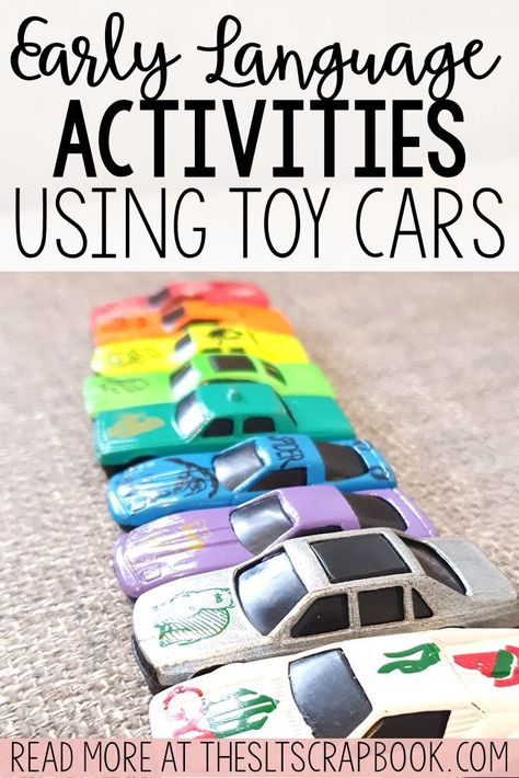 Toy cars are perfect toys for encouraging early language skills with your late talkers, or language delayed preschoolers. I've shared 5 engaging activities you can do with toy cars to develop early language skills in your early intervention therapy sessions. Use toy cars to target language strategies, imitating actions, symbolic sounds, and more. Check out the 5 engaging early language activities over on the blog now. Early Language Activities, Speech Delay Activities, Communication And Language Activities, Early Intervention Activities, Language Activities Preschool, Expressive Language Activities, Toddler Language Development, Speech Therapy Activities Preschool, Toddler Speech Activities