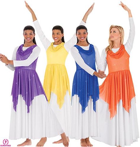 Praise dance garments. For free praise dance workbook, email angie at awilliam4000@gmail.com Christian Dance Outfits, Dance Overlay, Worship Dance Outfits, Worship Dress, Praise Dance Wear, Praise Dance Garments, Praise Dance Dresses, Liturgical Dance, Dance Garments