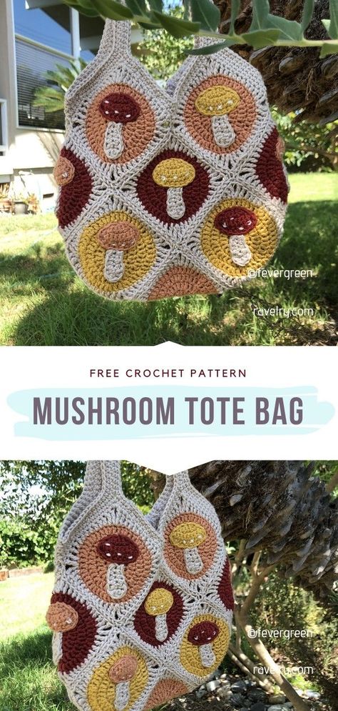 Crochet Mushroom Tote Bag Couture, Amigurumi Patterns, Crochet Goth Free Pattern, Teal Granny Square, Crochet Bags Granny Square, Mushroom Amigurumi, Granny Square Haken, Crochet Unique, Crochet Mushroom