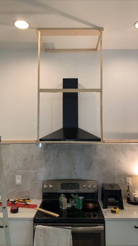 Diy Vent Hood Cover, Diy Vent Hood, Vent Hood Cover, Black Range Hood, Modern Range Hood, Hood Vent Cover, Kitchen Hood Ideas, Range Hood Cover, Kitchen Hood Design