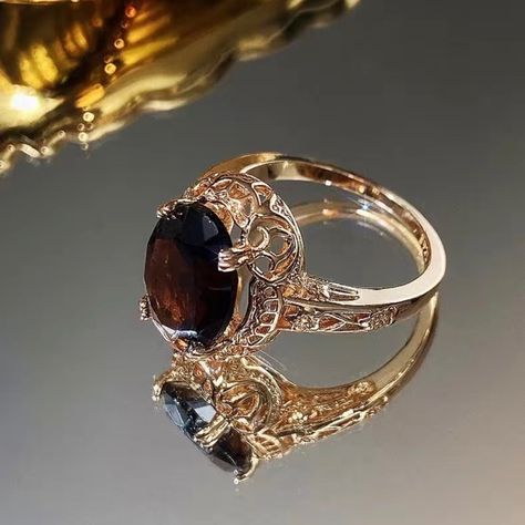 Gold Plated Filigree Ring With Oval Cut Brown Zircon Crystal In 4 Prong Setting. 925 Stamp. Color Wedding Rings, Brown Engagement Rings, Claddagh Engagement Ring, Brown Rings, Emerald Gemstone Rings, Victorian Engagement Rings, Antique Engagement Rings Vintage, Party Mode, Antique Engagement Ring