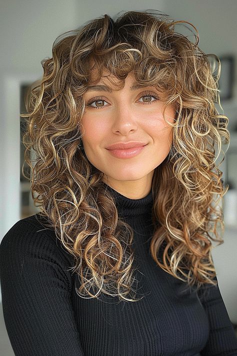 The Best Curly Hairstyles & Haircuts of 2024 Shaggy Hair Highlights, Layered Curly Hair With Highlights, Long Curly Layers With Bangs, Layer Curly Haircut, Blonde Curly Shag Haircut, Cado Cut Curly Hair, Fun Curly Hair Color, Curly Haircut For Oval Face, Kids Curly Haircut