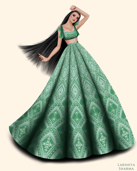 Let your hair fly ☘️ Does this look count as Navratri dress let me know in the comments… | Instagram Croquis, Fashion Illustration Hair, Bride Fashion Illustration, Beautiful Lehenga, Fashion Illustration Poses, Digital Fashion Illustration, Navratri Dress, Fashion Figure Drawing, Western Wedding Dresses