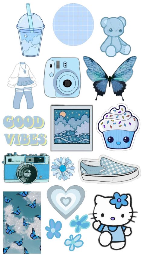 Blue aesthetic stickers Blue Aesthetic Stickers, Blue Scrapbook, Baby Blue Wallpaper, Sticker Design Inspiration, Blue Phone Case, Butterfly Art Painting, Instagram Graphics, Cute Laptop Stickers, Sticker Maker