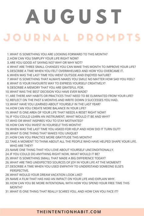 31 Daily August Journal Prompts For Gratitude, Reflection & Discovery 2 Organisation, Goals For August 2024, August 2024 Journal Prompts, List Of Journaling Prompts, August Daily Journal Prompts, Journal For August, Journaling Prompts Monthly, Journal Prompts Questions, August Prompts 2024