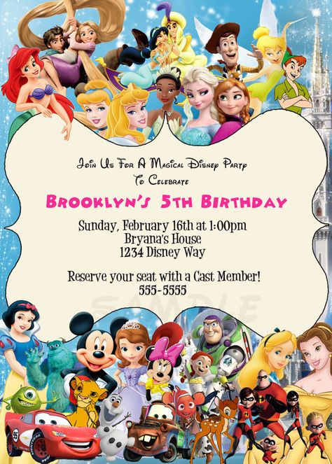 Disney Characters birthday party custom by PrintableDigiDesigns, $15.99 Free Frozen Invitations, Frozen Invitations, Disneyland Birthday, Frozen Birthday Invitations, Disney Birthday Party, Disney Theme Party, Disney Invitations, Party Invitations Kids, Disney Birthday