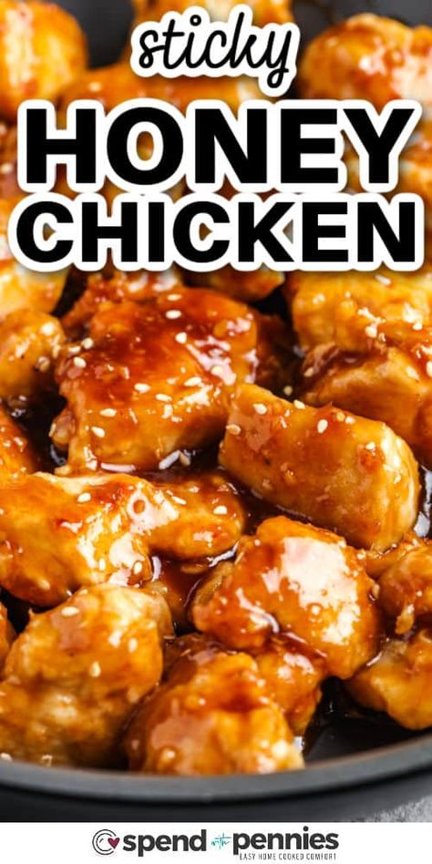 Whip up this quick and easy Honey Chicken for a perfect weekday dinner! In just 20 minutes, enjoy tender, juicy chicken coated in a honey sauce, served with rice, and garnished with sesame seeds—it's the ideal choice for a busy weeknight meal. #honeychicken #easy #chinese #spendwithpennies Essen, Sticky Honey Chicken, Honey Chicken Recipe, Chicken Milanese, Easy Delicious Dinners, Chinese Chicken Recipes, Chinese Cooking Recipes, Sticky Chicken, Easy Chinese