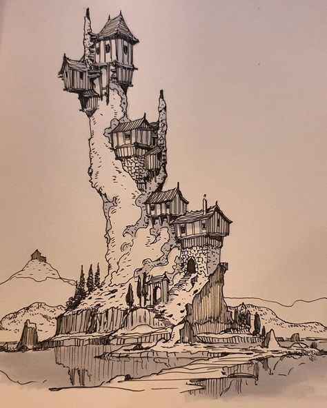 fantasy designs of architecture drawing Architecture Drawings, 그림 낙서, Pen Art Drawings, Fantasy Drawings, 흑백 그림, Architecture Drawing Art, 수채화 그림, Arte Sketchbook, Landscape Drawings