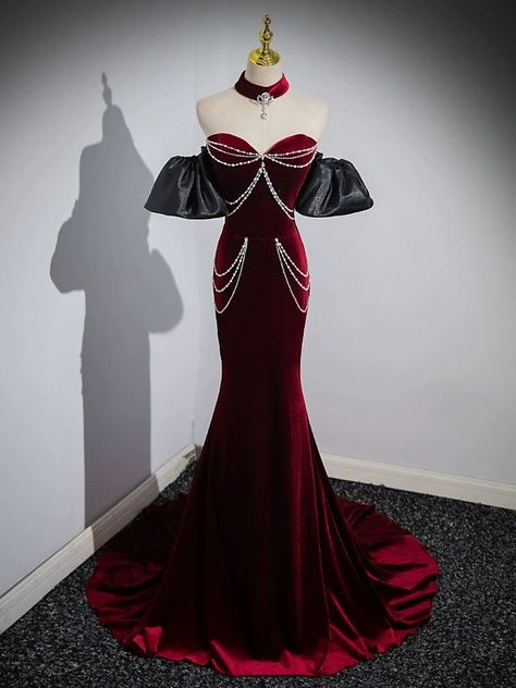 Red Velvet Prom Dress, Off Shoulder Party Dress, Dress With Beads, Long Black Evening Dress, Velvet Prom Dress, Red Mermaid, Dress Wine, Red Dress Party, Satin Evening Dresses