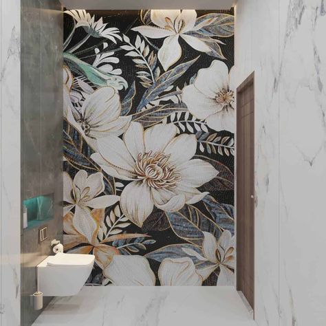 Flower Shower Tile, Bathroom Mozaik Wall, Flower Tiles Bathroom, Floral Bathroom Tile, Tile Shower Wall Ideas, Wall Mosaic Ideas, Floral Tile Bathroom, Shower Wall Ideas, Mosaic Tile Shower Wall