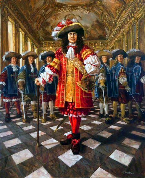 King Louis XIV of France with his Musketeers bodyguards Augsburg, European Mens Fashion, European Costumes, Army Poster, Theatre Scene, The Three Musketeers, French History, Men Stylish Dress, French Army