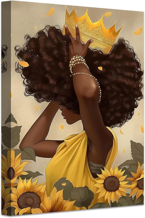 Amazon.com: LZIMU African American Wall Art Black Queen with Crown Yellow Sunflower Canvas Prints Black Woman Picture Inspirational Artwork for Girls Bedroom Decor Framed (Black Queen-2, 11.00"x14.00"): Posters & Prints Black Woman Picture, Queen With Crown, Crown Painting, African Drawings, Woman Picture, African American Art Women, Queen Drawing, Black Woman Artwork, African American Artwork