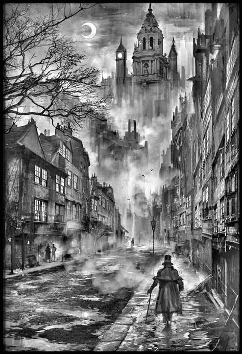 He was the only mortal seen. What an unfortunate man to decide to walk the streets at 3am, alone, never thinking he'd run into a creature such as I. The smell of his blood is strong. Yes, this one will give me the renewed strength I've lost and I shall run across the roof tops again! How delightful he has made such an error for me! Ville Steampunk, Art Noir, رعب نفسي, Victorian London, Fleet Street, 흑백 그림, 다크 판타지, Arte Obscura, London Street