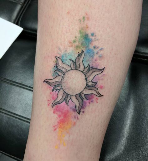 Sun Tattoo Designs For Women Beautiful, Watercolor Sun Tattoo, Moon Star Tattoo, Watercolor Sun, Sky Tattoos, Island Tattoo, Wrap Around Tattoo, Sun Tattoo Designs, Cherry Tattoos