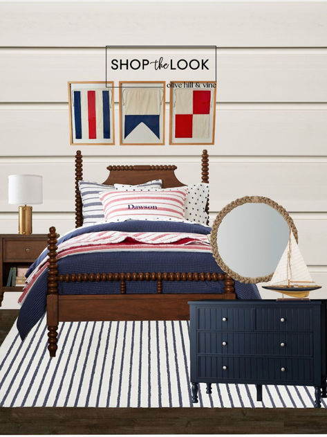 Bedroom with nautical theme. Boat flag artwork, red and blue color palette with wood detailing. Nautical rope mirror and rivet table lamp. Blue And Red Boys Room, Girls Nautical Bedroom, Preppy Toddler Boy, Nautical Kids Bedroom, Lake Apartment, Boy Room Red, Sailboat Sculpture, Preppy Toddler, Flag Artwork