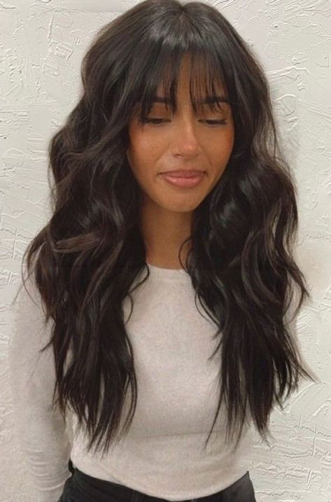 Full Haircut For Women, Wispy Bangs With Long Layered Hair, Bangs For Dark Hair, Long Layered Hair With Fringe Bangs, Dark Brown Bangs Long Hair, Medium Dark Hair With Bangs, Haircut Styles For Long Hair With Bangs, Long Hairstyles With Short Layers, Long Brown Hair With Fringe