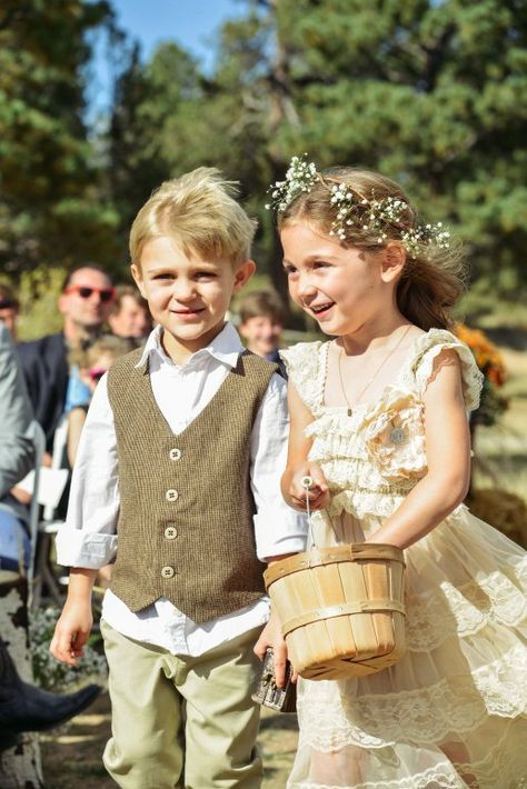 Ring Bearer Rustic Outfit, Fall Flower Girl And Ring Bearer, Flower Girl Dresses Mountain Wedding, Ring Bearer Boho Outfit, Cottagecore Flower Girl Dress, Lord Of The Rings Ring Bearer, Forest Wedding Ring Bearer, Hobbit Ring Bearer, Woodland Flower Girl