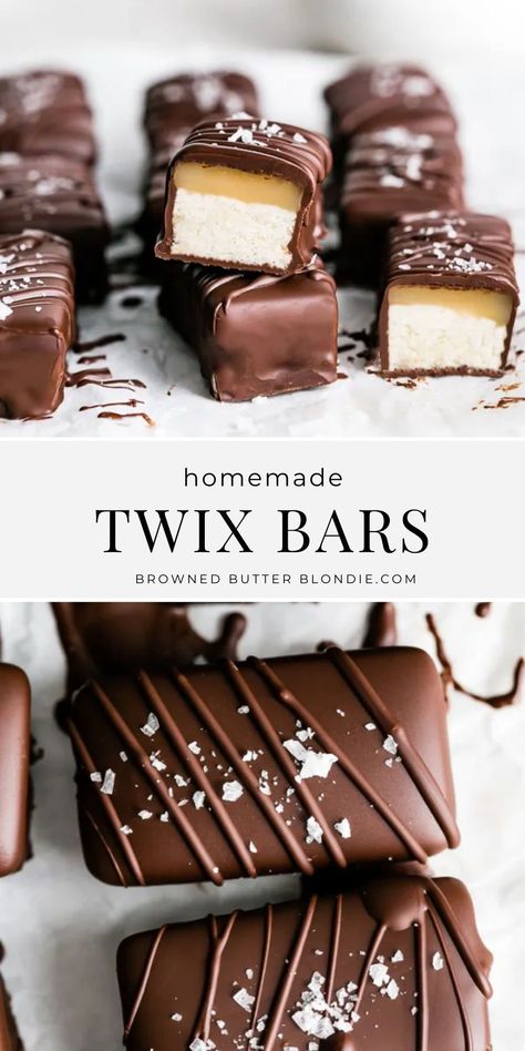 You haven’t lived until you’ve sunk your teeth into one of these dangerously delicious bite size Twix bars. Made with layers of crispy, buttery shortbread, creamy homemade caramel and rich, dark chocolate. Skip the store-bought stuff – these copycat Twix bars are simply irresistible! Crispy Chocolate Bars, Homemade Caramel Candy Recipes, Store Bought Foods You Can Make At Home, Twix Inspired Desserts, Home Made Twix Bars, Homemade Twix Bites, Candy Bar Copycat, Chocolate Candy Bar Recipes, Easy Homemade Candy Bars