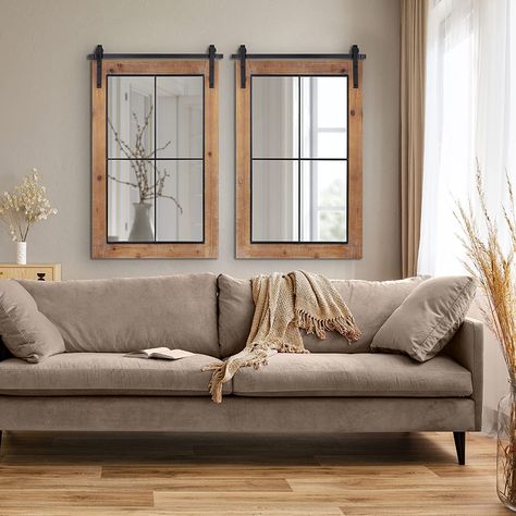 20 Best Mirrors That Look Like Windows (2022) and Buying Guide Mirrors That Look Like Windows, Mirror Over Couch Ideas, Behind Couch Wall Decor Farmhouse, Wall Behind Couch Decor, Behind Couch Decor, Wall Behind Couch, Window Pane Decor, Wall Decor Above Couch, Couch Wall Decor