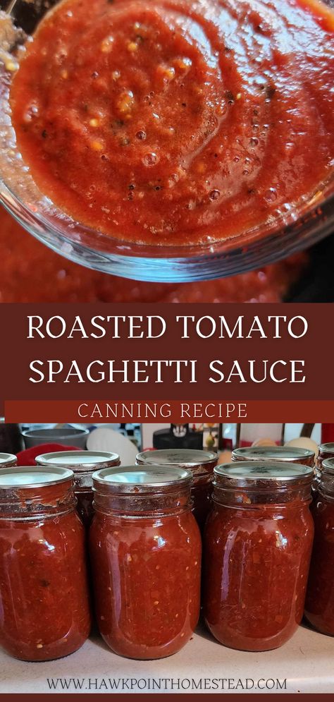 This homemade roasted tomato spaghetti sauce canning recipe is so delicious and a great recipe to make flavorful sauce that can be ready on your shelves for any pasta dish! You’ll love the rich, savory sauce made from simple ingredients. It is so rewarding to make your own delicious spaghetti sauce from your fresh homegrown tomatoes! Pasta Sauce Canning Recipe, Roasted Tomato Spaghetti Sauce, Roasted Tomato Spaghetti, Spaghetti Sauce Canning Recipe, Spaghetti Sauce Canning, Canning Pasta Sauce, Tomato Spaghetti Sauce, Canning Homemade Spaghetti Sauce, Canned Tomato Recipes