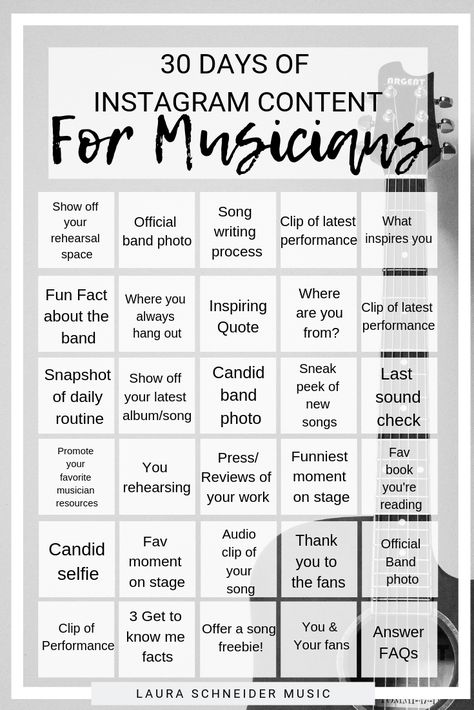 30 Days of Instagram Content for Musicians! Always know what to post on social media with this grid template. Specially made with musicians in mind.  Music // Musicians // Instagram // Indie Musicians // DIY Music // Music Marketing Music Booking Agent, Content Calendar For Musicians, Music Marketing Ideas, Content Ideas For Musicians, Musician Social Media Content, Musician Social Media, Music Template Instagram, Musician Content Ideas, Social Media For Musicians