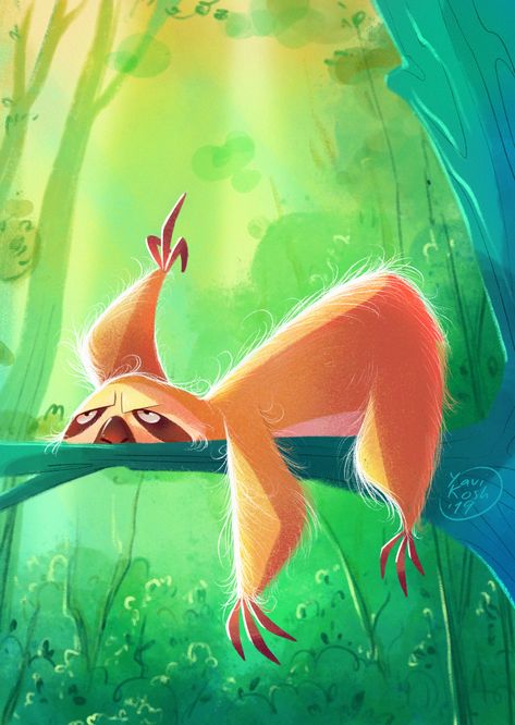 Book Illustration Layout, Sloth Art, Illustration Art Kids, Digital Painting Techniques, Surreal Artwork, Picture Books Illustration, Forest Illustration, Cute Sloth, Dark Art Illustrations