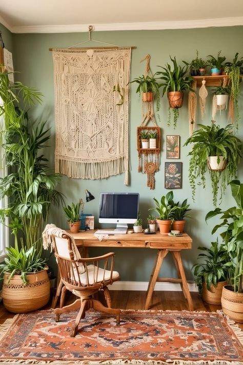 Boho Home Office Ideas, Boho Office Space Workspaces, Boho Office Room, Boho Home Office, Gear Room, Personalized Gallery Wall, Dorm Room Styles, Boho Office, Shed Office