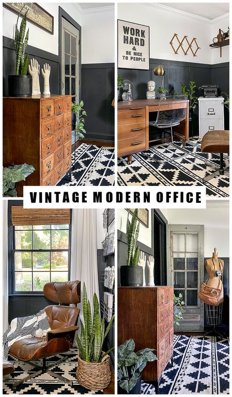 Tour a stylish and sophisticated vintage modern home office! #vintagemodern #vintagedecor #vintage #vintageoffice #vintagefinds #officedecor Artistic Home Office Design, Home Office Client Space, Western Boho Home Office, Modern Rustic Home Office Ideas, Stylish Home Office Modern, Modern Vintage Office Design, Modern Southwest Office, Modern With Vintage Accents, Black And Wood Office Design